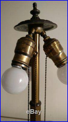 Antique B & H 3 socket slag glass lamp with 6 panel reverse painted signed shade