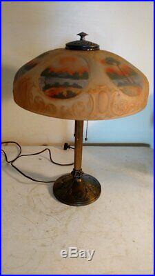 Antique B & H 3 socket slag glass lamp with 6 panel reverse painted signed shade