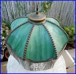Antique B & H BRADLEY HUBBARD Table Lamp Green Slag Glass Shade Beaded Fringe