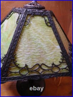 Antique B&H Green Slag Glass Parlor Lamp Embossed Bronze Lamp Base #3915