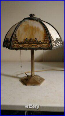Antique B&H Lamp with six panel slag glass shade Bradley and Hubbard