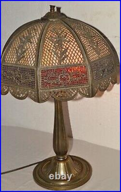 Antique B&H TABLE LAMP Figural Brass BENT SLAG GLASS SHADE Arts & Crafts 2-TONE