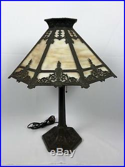 Antique B&h Style Slag Glass Metal Overlay Lamp