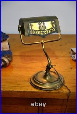 Antique Bankers lamp Brass Desk Light Vintage Art Nouveau Deco Slag Glass