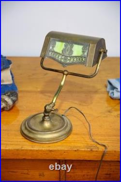 Antique Bankers lamp Brass Desk Light Vintage Art Nouveau Deco Slag Glass