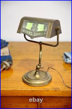 Antique Bankers lamp Brass Desk Light Vintage Art Nouveau Deco Slag Glass