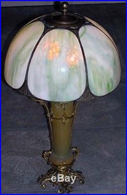Antique Baroque Ormolu Banquet Lamp Scrol & Vine Urn Vase Slag Glass Panel Shade