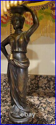 Antique Beaded shade yellow slag glass. Art Nouveau. Lady woman base. RARE