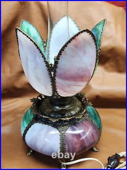 Antique Beautiful Victorian Slag Glass Parlor Banquet Oil Lamp Bradley & Hubbard