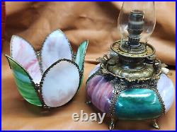 Antique Beautiful Victorian Slag Glass Parlor Banquet Oil Lamp Bradley & Hubbard