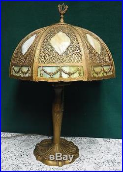 Antique Bent 8 Panel 2 Tone Slag Glass Table Lamp Bradley Hubbard Handel Era