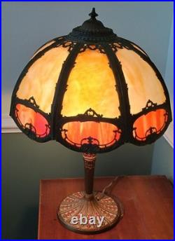 Antique Bent Glass Slag Shade and Brass Base Lamp 24 Tall