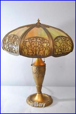 Antique Bent Panel Slag Glass Green And Gold Table Lamp Two Sockets