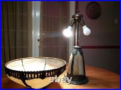 Antique Bent Panel Slag Glass Panel Table Lamp With Lighted Base