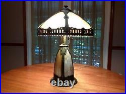 Antique Bent Panel Slag Glass Panel Table Lamp With Lighted Base
