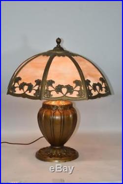 Antique Bent Slag Glass Panel Miller Lamp 19 Shade Three Sockets Ginko Leaf