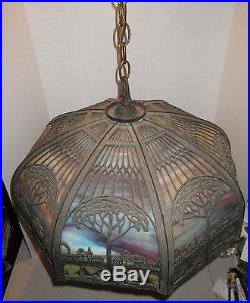 Antique Bent Slag Glass Scenic Swag Light Lamp Arts & Crafts Tree Boat Village