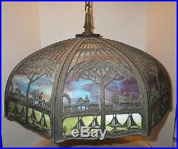 Antique Bent Slag Glass Scenic Swag Light Lamp Arts & Crafts Tree Boat Village
