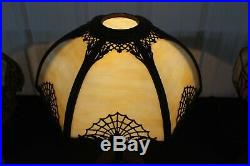 Antique Bent Slag Glass Table Lamp Spyder Web Design 6 Sides Miller Art Nouveau