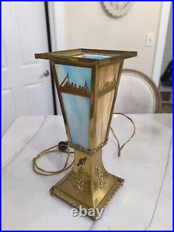 Antique Blue Boats Ship Slag Glass Streetpost Style Lamp Leaded Table Art Deco