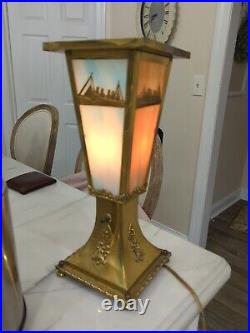 Antique Blue Boats Ship Slag Glass Streetpost Style Lamp Leaded Table Art Deco