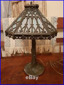 Antique Blue & Pink Slag Glass Cast Iron Lamp