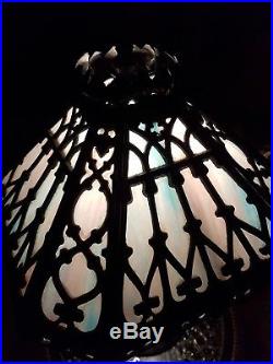 Antique Blue & Pink Slag Glass Cast Iron Lamp