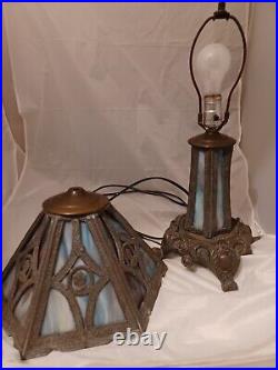 Antique Blue & Purple Slag Stained Glass Leaded Cameo Table Lamp