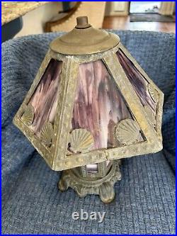 Antique Blue & Purple Slag Stained Glass Leaded Sea Shell Table Lamp