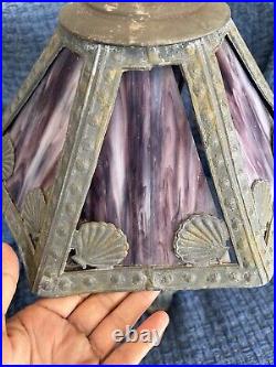 Antique Blue & Purple Slag Stained Glass Leaded Sea Shell Table Lamp