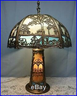Antique Blue Purple Tan Slag Panel Glass Light House Lamp Top Bottom Lights Up