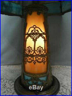 Antique Blue Purple Tan Slag Panel Glass Light House Lamp Top Bottom Lights Up