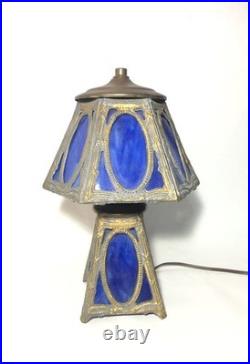 Antique Blue Slag Glass Boudoir Lamp-13 Table Lamp, 2-bulb. Brass Metal Frame