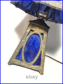 Antique Blue Slag Glass Boudoir Lamp-13 Table Lamp, 2-bulb. Brass Metal Frame