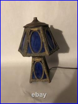 Antique Blue Slag Glass Boudoir Lamp-13 Table Lamp, 2-bulb. Brass Metal Frame