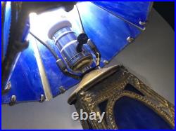 Antique Blue Slag Glass Boudoir Lamp-13 Table Lamp, 2-bulb. Brass Metal Frame