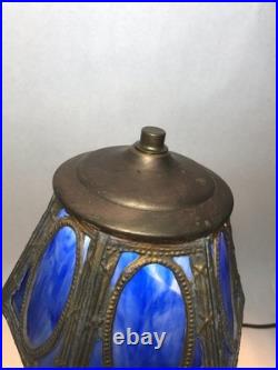 Antique Blue Slag Glass Boudoir Lamp-13 Table Lamp, 2-bulb. Brass Metal Frame