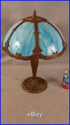 Antique Blue Slag Glass Gilt Metal Table Lamp Nice Base