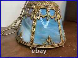 Antique Blue Slag Glass Panel Chandelier Porch Lamp Light Hanging Victorian Smal