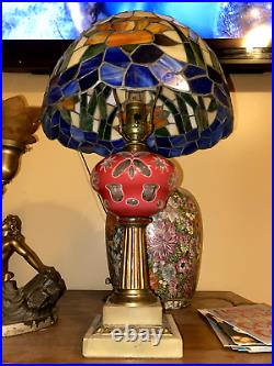 Antique Boston & Sandwich Cranberry/White Table Lamp with Slag Glass Shade