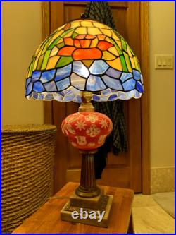 Antique Boston & Sandwich Cranberry/White Table Lamp with Slag Glass Shade