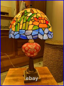 Antique Boston & Sandwich Cranberry/White Table Lamp with Slag Glass Shade