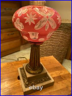 Antique Boston & Sandwich Cranberry/White Table Lamp with Slag Glass Shade