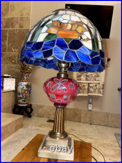 Antique Boston & Sandwich Cranberry/White Table Lamp with Slag Glass Shade