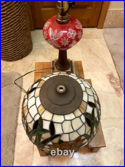 Antique Boston & Sandwich Cranberry/White Table Lamp with Slag Glass Shade
