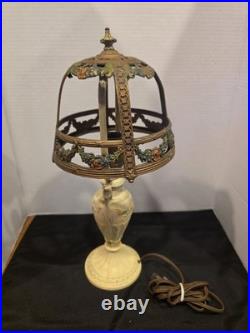 Antique Boudoir Slag Glass Lamp Cast Metal Floral Garland 1920s Miller