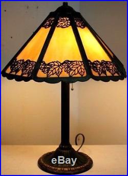Antique Bradely & Hubbard XL Maple Leaf Slag Glass Lamp. Double Signed Nr