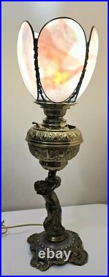 Antique BradleyHubbard Style Electrified, CherubCarriesKerosene Slag Glass Tulip