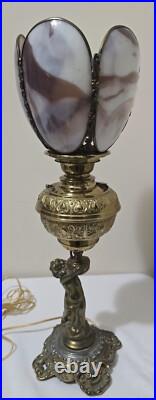 Antique BradleyHubbard Style Electrified, CherubCarriesKerosene Slag Glass Tulip
