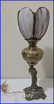Antique BradleyHubbard Style Electrified, CherubCarriesKerosene Slag Glass Tulip